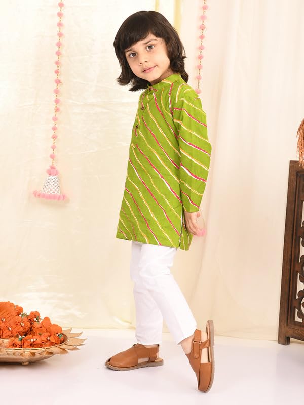 superminis Boys Sanganeri Lehariya Print Kurta and White Pyjama with Elastic Closure (9-10 Years, Green) - Image 4