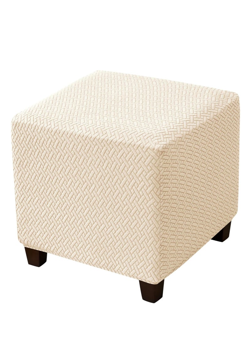 Ottoman Cover Stretch Knitted Jacquard Square Ottoman Cover Thick Ottoman Slipcover Square Storage Ottoman Cover Foot Stool Cover with Elastic Bottom Beige Small - Image 1