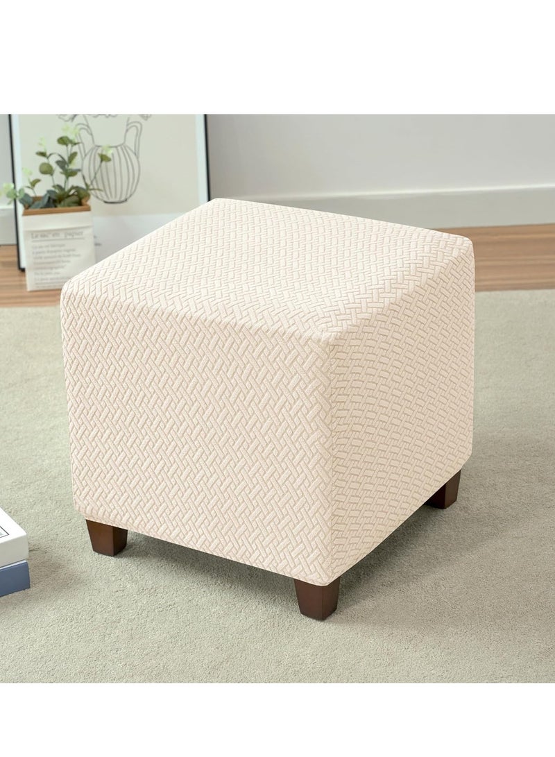 Ottoman Cover Stretch Knitted Jacquard Square Ottoman Cover Thick Ottoman Slipcover Square Storage Ottoman Cover Foot Stool Cover with Elastic Bottom Beige Small - Image 2