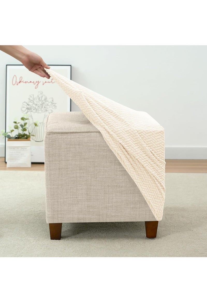 Ottoman Cover Stretch Knitted Jacquard Square Ottoman Cover Thick Ottoman Slipcover Square Storage Ottoman Cover Foot Stool Cover with Elastic Bottom Beige Small - Image 4