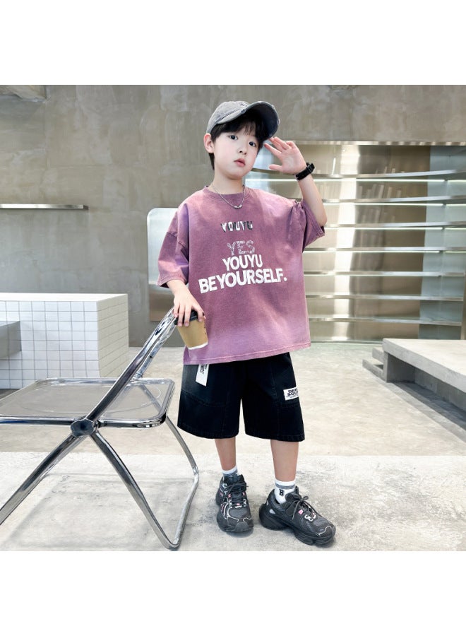 Distressed Short-sleeve Boys' Summer T-shirt  New Style Children's Boys' Summer Clothing Loose Top Trendy