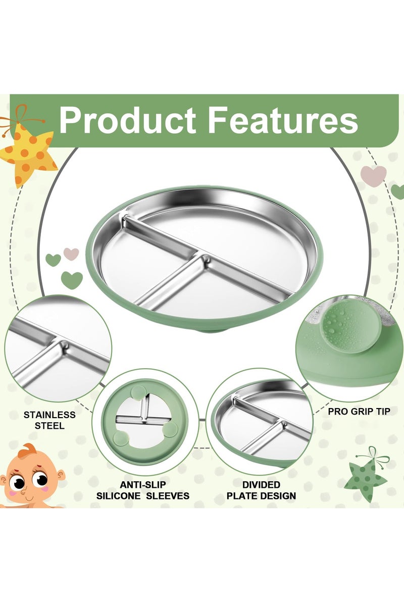 كي واي دي طبق أطفال من الفولاذ المقاوم للصدأ مع امتصاص، 9 "ألواح مقسمة مع أكمام سيليكون قابلة للإزالة للطفل، غير سامة و BPA أطباق وجبات خفيفة للأطفال غير قابلة للكسر مجموعة من 3. - Image 2