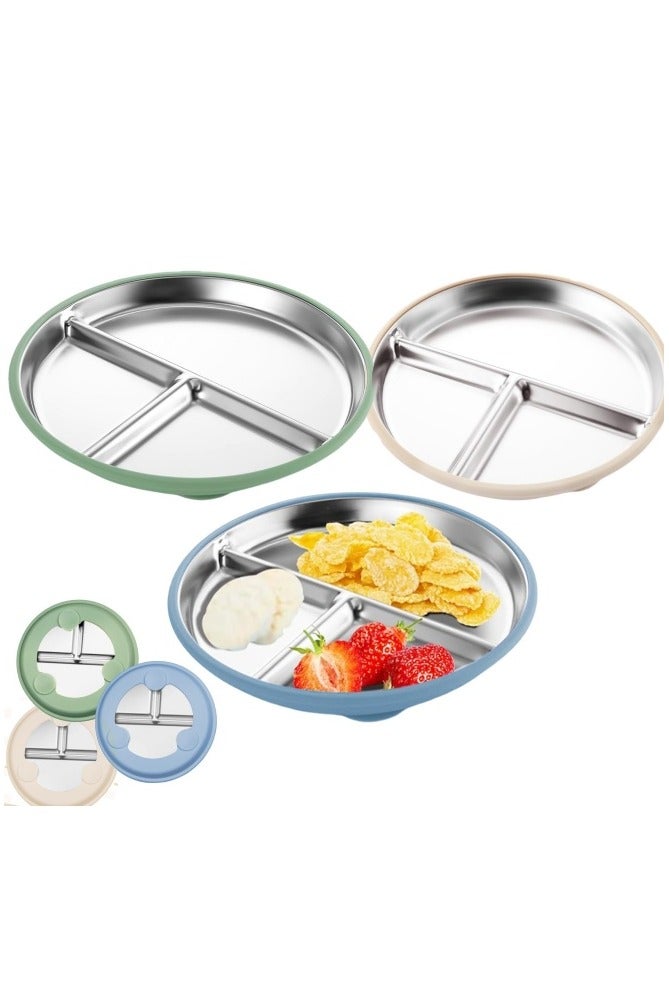 كي واي دي طبق أطفال من الفولاذ المقاوم للصدأ مع امتصاص، 9 "ألواح مقسمة مع أكمام سيليكون قابلة للإزالة للطفل، غير سامة و BPA أطباق وجبات خفيفة للأطفال غير قابلة للكسر مجموعة من 3. - Image 1