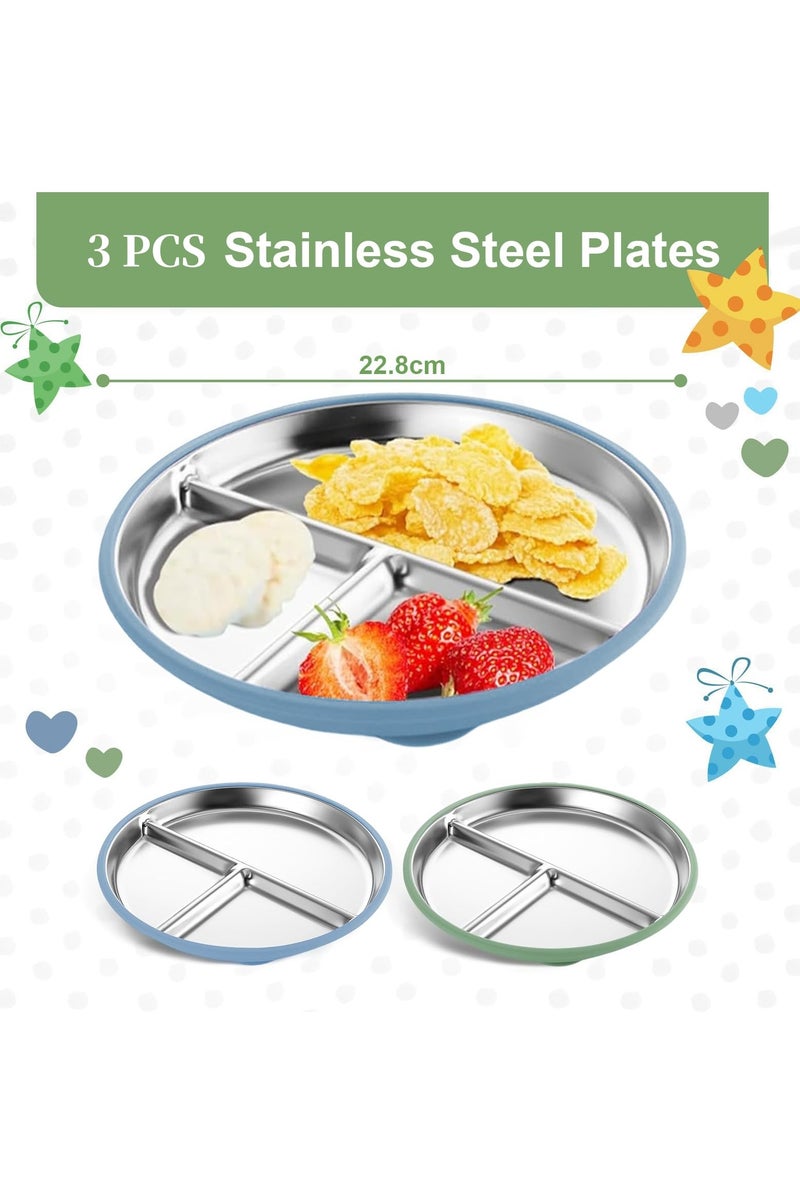 كي واي دي طبق أطفال من الفولاذ المقاوم للصدأ مع امتصاص، 9 "ألواح مقسمة مع أكمام سيليكون قابلة للإزالة للطفل، غير سامة و BPA أطباق وجبات خفيفة للأطفال غير قابلة للكسر مجموعة من 3. - Image 3