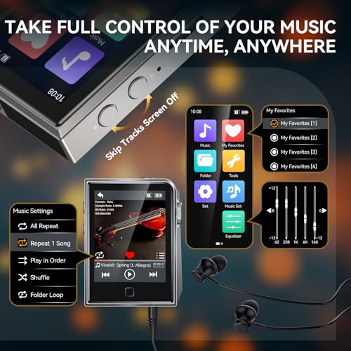 RUIZU 64GB HiFi Lossless MP3 Player, DAC DSD High Resolution Digital Audio Player, Portable Hi-Res Music Player with 2" Touchscreen, Resume Playback, CNC Aluminum Alloy Body, Up to 128GB microSD Card - Image 5