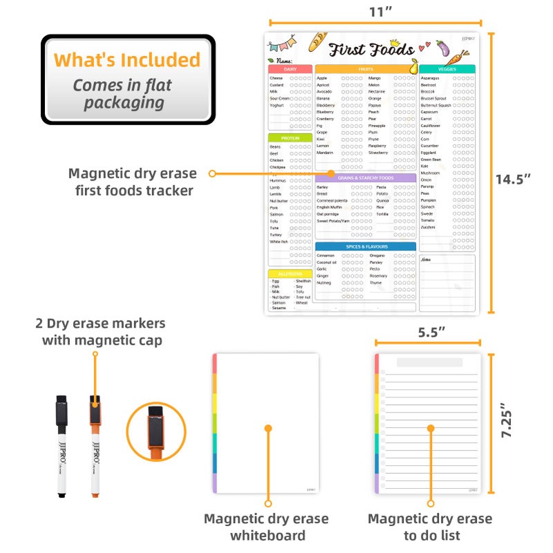 JJPRO Newborn Baby or Toddler First Foods Tracker Whiteboard-Magnetic Dry Erase Daily Food Log-Reusable Daily Planner Chart to Log Feeding Food/Food Checklist/to-Do List - for New Parents,Nanny, Babysitter - Image 2