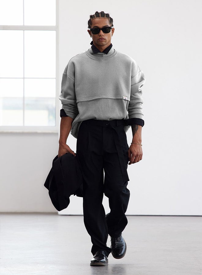 trendyol Limited Edition Grey Oversize/Wide Cut Labeled Inside Fleece Sweatshirt TMNAW24SW00228 - Image 1