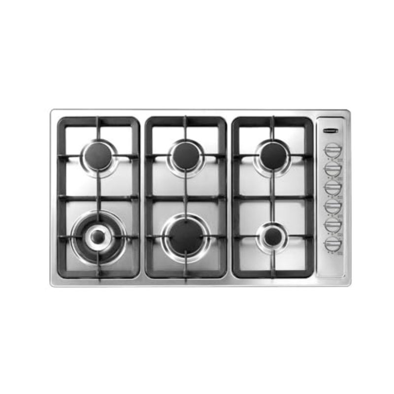 Kitchen gas cooktop with stainless steel finish, black color, 6 burners, side controls, 90cm width, built-in installation for modern cooking spaces - Image 5