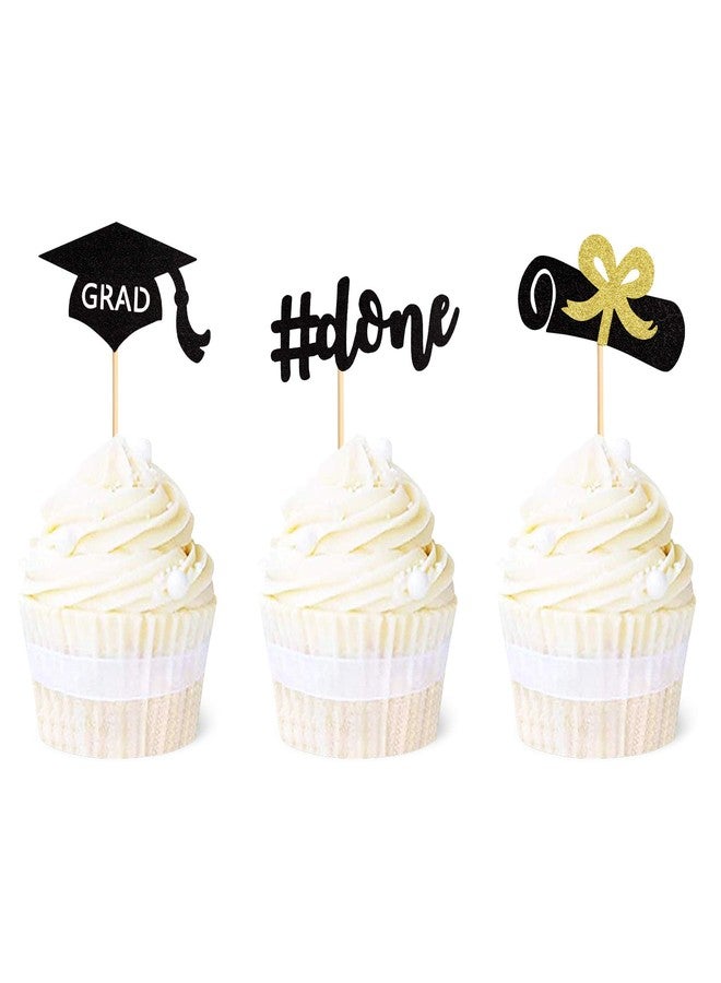 Ercadio 24 Pack Graduation Done Cupcake Toppers Black Glitter Grad Cap Diploma Cupcake Picks Class of 2024 Graduation Theme Party Cake Decorations (Black) - Image 1