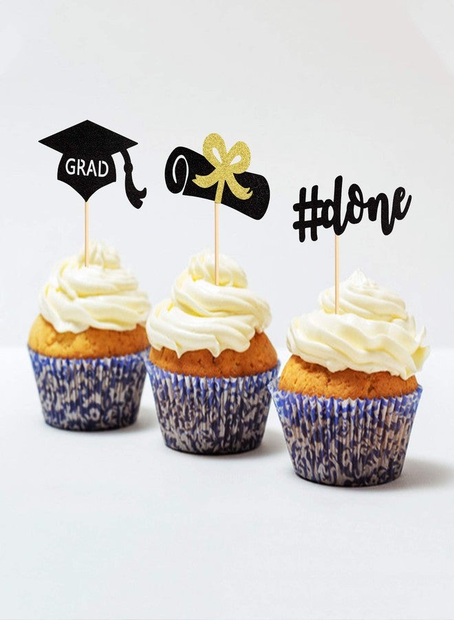 Ercadio 24 Pack Graduation Done Cupcake Toppers Black Glitter Grad Cap Diploma Cupcake Picks Class of 2024 Graduation Theme Party Cake Decorations (Black) - Image 5