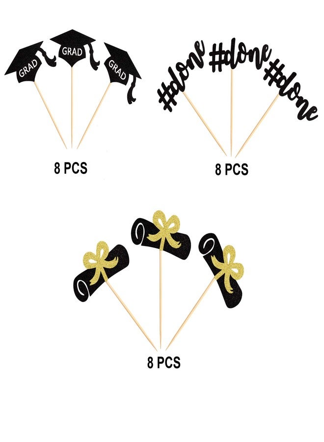 Ercadio 24 Pack Graduation Done Cupcake Toppers Black Glitter Grad Cap Diploma Cupcake Picks Class of 2024 Graduation Theme Party Cake Decorations (Black) - Image 3