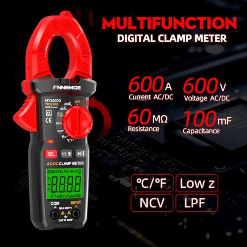 Digital Clamp Meter DC/AC Current: 0-600A, Multimeter True RMS, NCV Measurement for AC/DC Current, Voltage, Resistance, Capacitance, and Temperature - Image 2