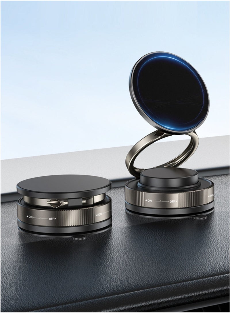 Vacuum Magnetic Car Phone Mount - 360° Rotating Foldable Dashboard Suction Cup Holder with N54 Strong Magnet, Universal Compatibility for Smartphones (Black) - Image 1
