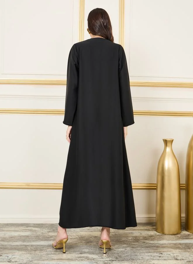 Styli Solid Collared Open Front Abaya