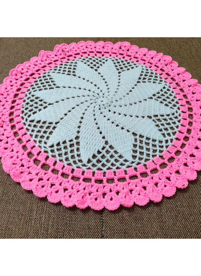 RR RITIKA Craft® Crochet Handmade Table Mat (22 inch) White & Pink Table Mat (Pink)  - Image 2