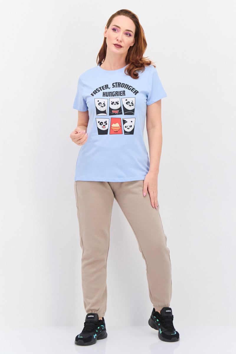 Kung Fu Panda Women Round Neck Short Sleeves  Panda Print T-Shirt, Sky Blue - Image 3