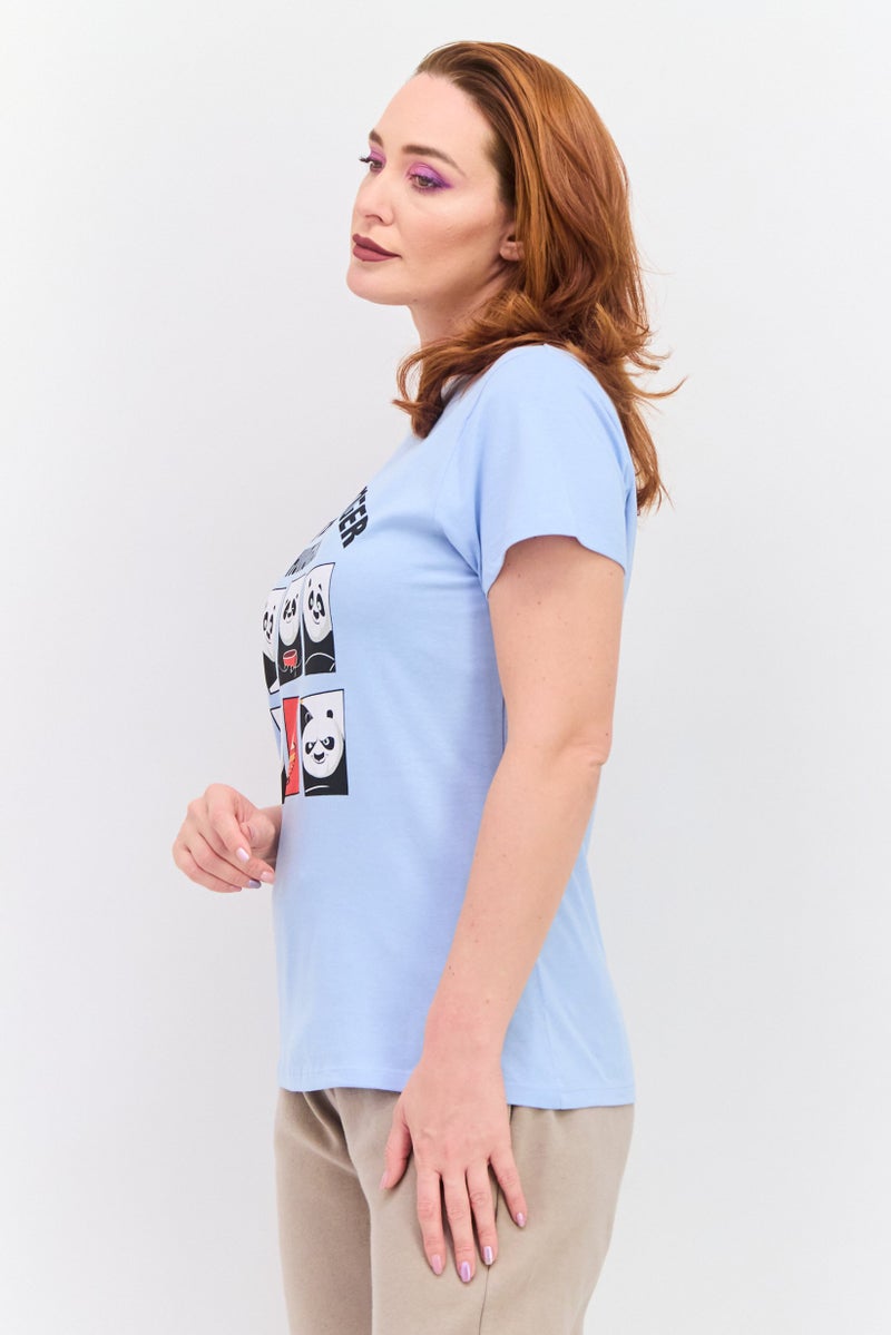 Kung Fu Panda Women Round Neck Short Sleeves  Panda Print T-Shirt, Sky Blue - Image 2