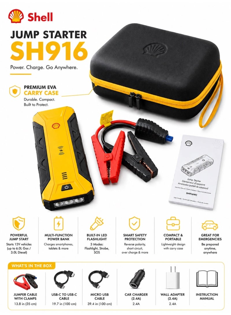 Shell automotive Shell SH916 59.2 Wh Car Jump Starter ,Power Bank  ,16000mAh,12V Portable Battery Booster with LED Flashlight, USB Fast Charging, Emergency Starter for Up to 7.0L Gas & 3.0L Diesel Vehicles + Free Shell Bottle - Image 3