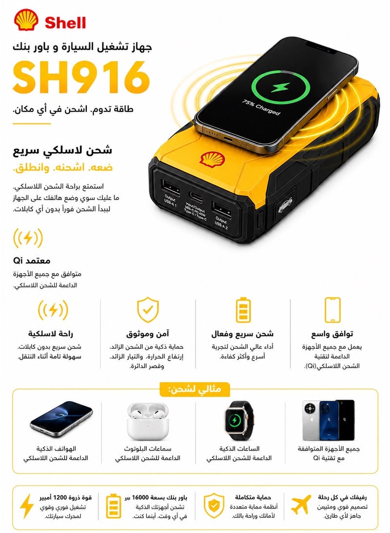 Shell automotive Shell SH916 59.2 Wh Car Jump Starter ,Power Bank  ,16000mAh,12V Portable Battery Booster with LED Flashlight, USB Fast Charging, Emergency Starter for Up to 7.0L Gas & 3.0L Diesel Vehicles + Free Shell Bottle - Image 4