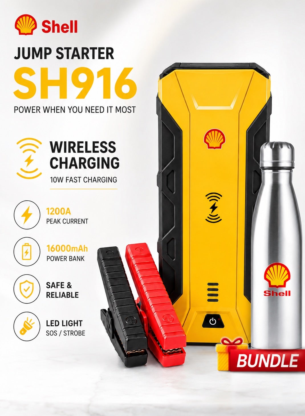 【Shell Automotive】1200A Car Jump Starter & 16000mAh Power Bank | Wireless Charger, Car Jumper Starter for Truck & SUV, Portable Jump Starter Boost with LED Light & Smart Safety Protection