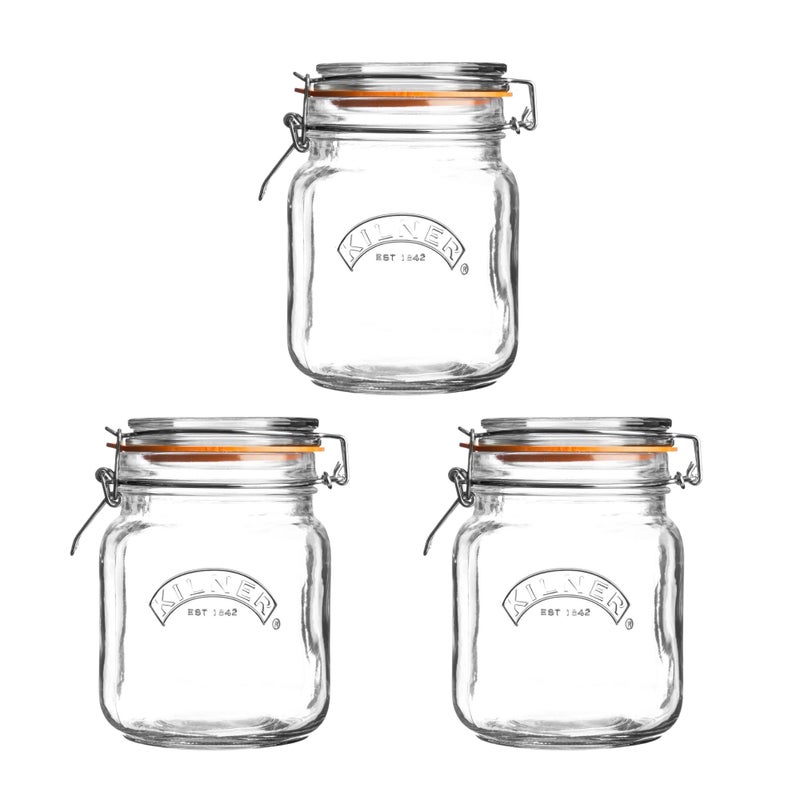Kilner Square Clip Top Jar Set of 3 1 Litre 1000ml Airtight Glass Jars for Storing Coffee Beans Pickling Vegetables Chutneys Pasta Nuts BPAFree Dishwasher Safe