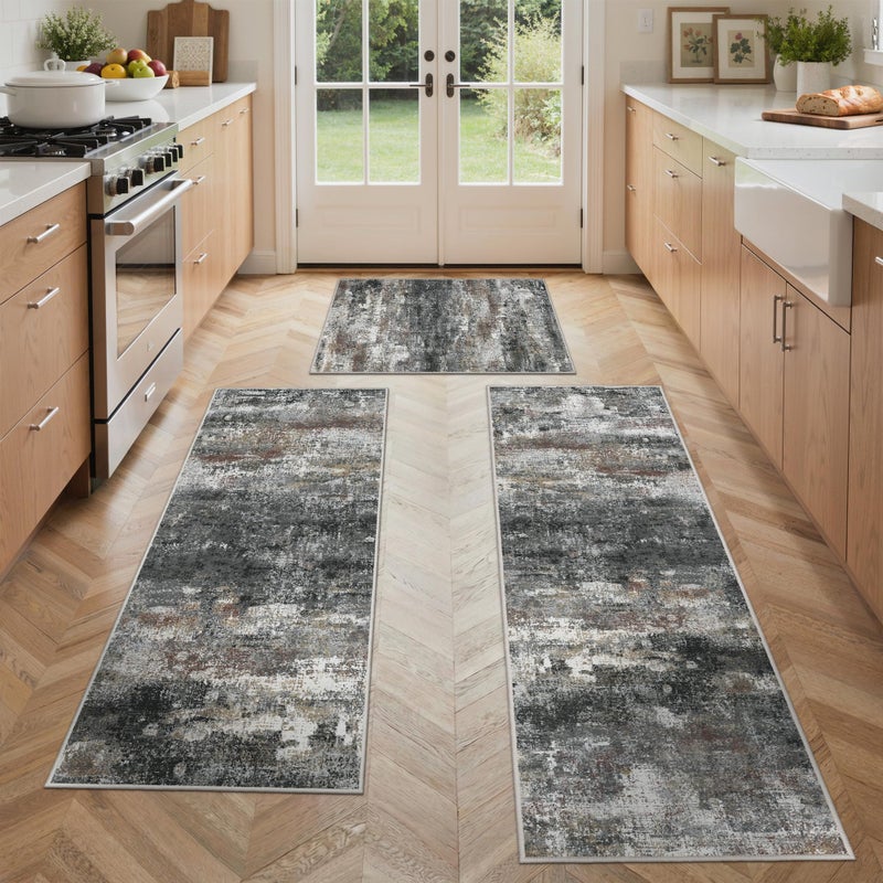 GENIMO Kitchen Rugs Sets of 3 Non Slip Washable Kitchen Mats for Floor, Waterproof Abstract Kitchen Runner Rug, Floor Mat Carpet for Hallway, Laundry, Sink, Entryway, Bathroom, Black&Brown - Image 1