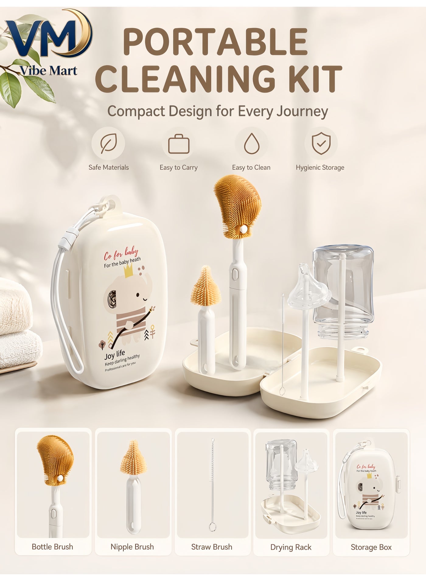 Vibe Mart 5-in-1 Baby Bottle Cleaning Set | Includes bottle brush, nipple brush, straw brush, drying rack, and storage case | Portable and waterproof | Suitable for travel and home use.