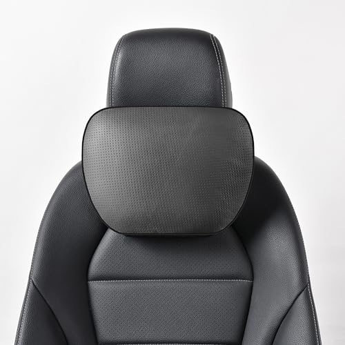 POKSRI Genuine Leather Car Neck Pillow for headrest,Support Drive Seats Head Cushion,Real Cow Leather,11.8x7.5”,Plant-Based Polyester,Thickness & Height Adjustable,Inner Liner fillable(Black,1p) - Image 1