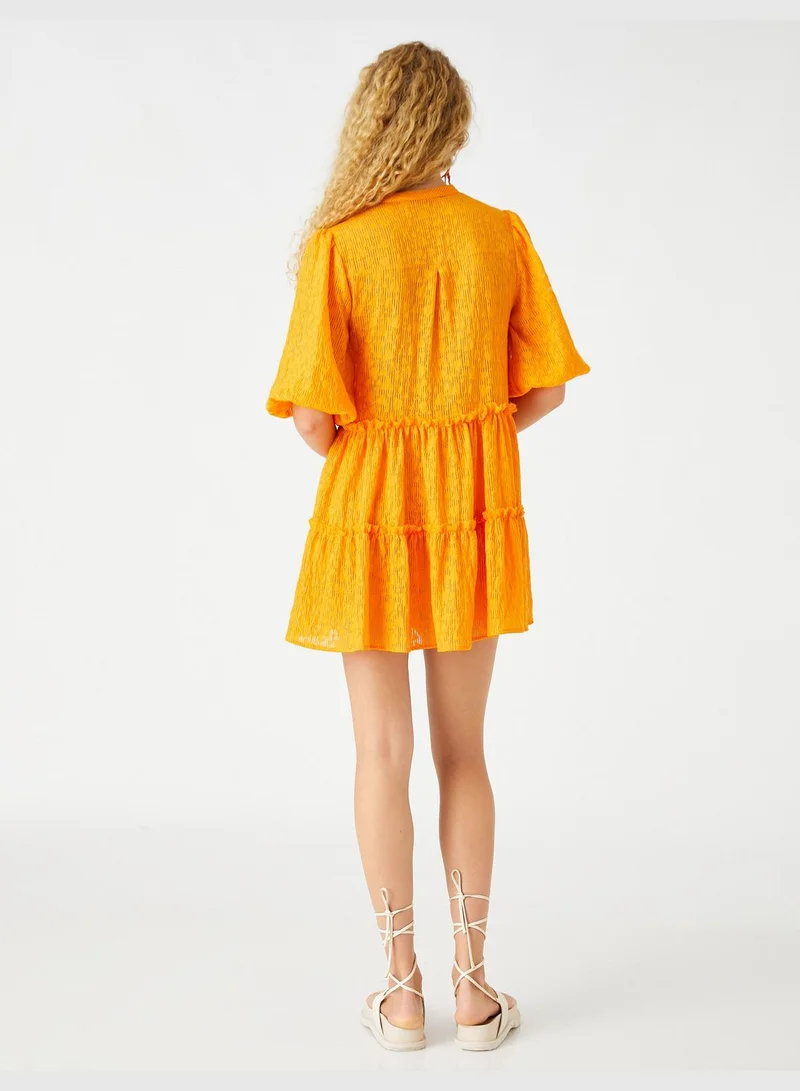 KOTON Şahika Ercümen X Koton - Mandarin Neck Puff Sleeve Mini Dress