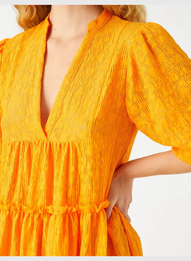 KOTON Şahika Ercümen X Koton - Mandarin Neck Puff Sleeve Mini Dress