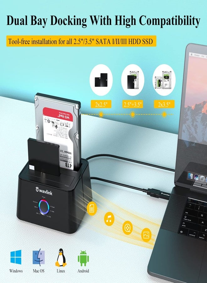 واف لينك محطة إرساء محركات الأقراص الصلبة الخارجية WAVLINK USB 3.0 وUSB C إلى SATA ثنائية الفتحات لمحركات الأقراص الصلبة/SSD مقاس 2.5/3.5 بوصة مع UASP (6 جيجابت في الثانية)، تدعم وظيفة النسخ/التكرار دون اتصال بالإنترنت [16 تيرابايت × 2] - أسود - Image 3