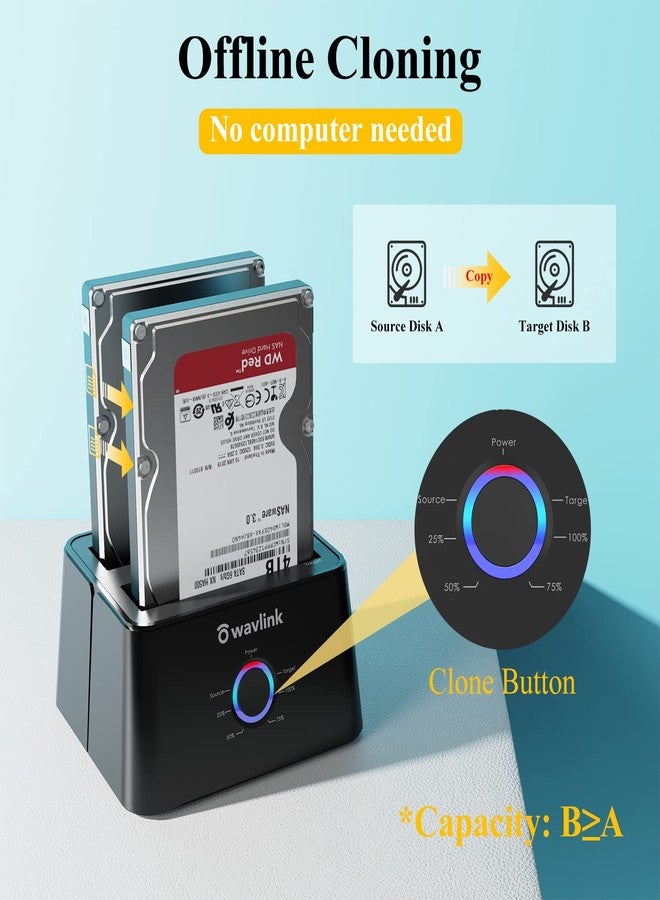 واف لينك محطة إرساء محركات الأقراص الصلبة الخارجية WAVLINK USB 3.0 وUSB C إلى SATA ثنائية الفتحات لمحركات الأقراص الصلبة/SSD مقاس 2.5/3.5 بوصة مع UASP (6 جيجابت في الثانية)، تدعم وظيفة النسخ/التكرار دون اتصال بالإنترنت [16 تيرابايت × 2] - أسود - Image 5