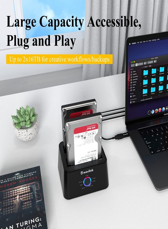 واف لينك محطة إرساء محركات الأقراص الصلبة الخارجية WAVLINK USB 3.0 وUSB C إلى SATA ثنائية الفتحات لمحركات الأقراص الصلبة/SSD مقاس 2.5/3.5 بوصة مع UASP (6 جيجابت في الثانية)، تدعم وظيفة النسخ/التكرار دون اتصال بالإنترنت [16 تيرابايت × 2] - أسود - Image 4