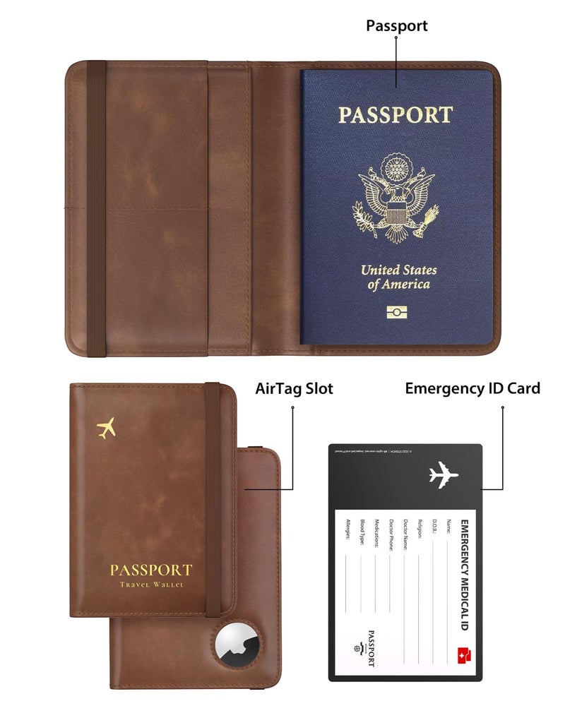 Stouchi AirTag Passport Holder, RFID Passport Holder with Airtag Slot, Multiple Passport Wallet Cover for Men, Leather Passport Case, Anti-Lost Waterproof Travel Accessories, Brown - Image 2