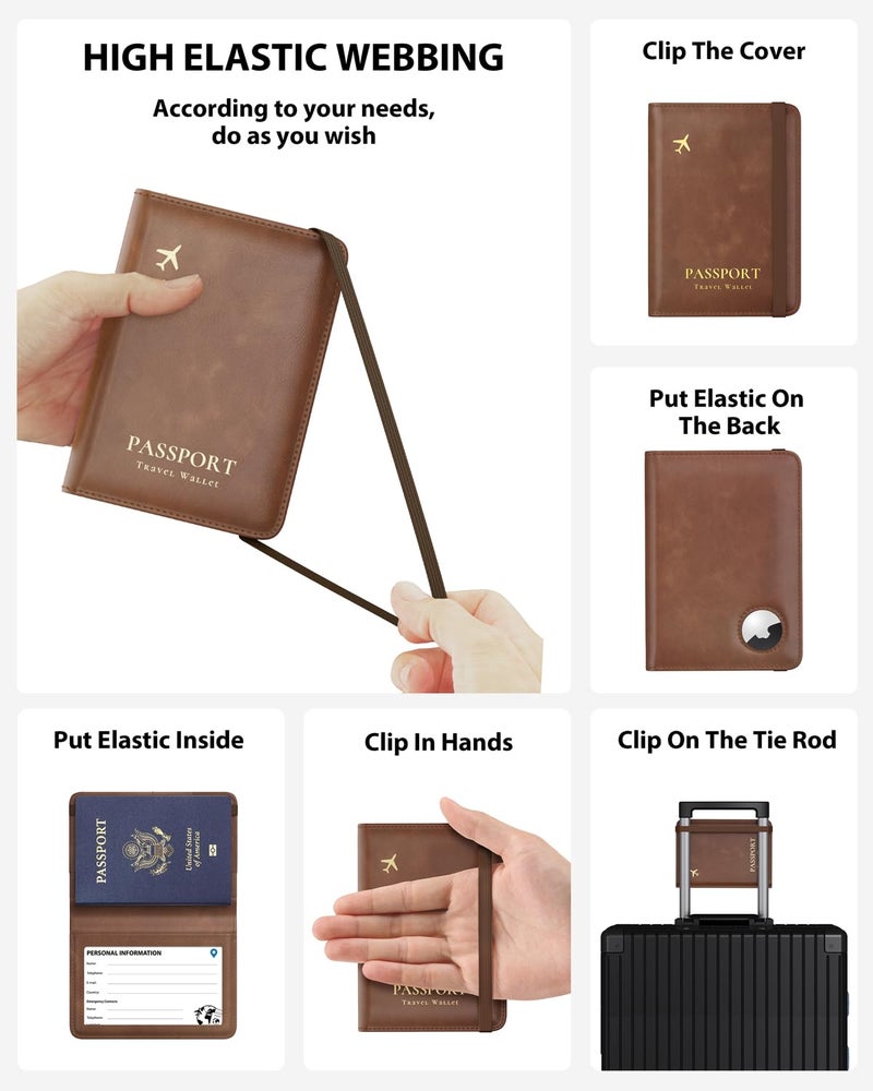 Stouchi AirTag Passport Holder, RFID Passport Holder with Airtag Slot, Multiple Passport Wallet Cover for Men, Leather Passport Case, Anti-Lost Waterproof Travel Accessories, Brown - Image 4