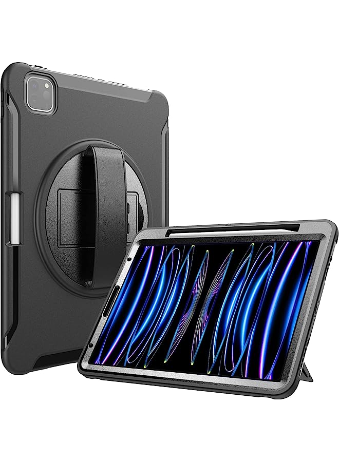 For Ipad Pro 11 Inch Case 2022 2021 2020 2018, Rugged Heavy Duty Shockproof Cover Case With Kickstand Hand Strap For Ipad Pro 11" 4Th 3Rd 2Nd 1St -Black