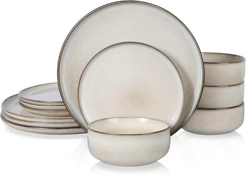 E-far طقم أطباق وأوعية إيفار 12 قطعة من الخزف لوجبات العشاء لـ 4 أشخاص بتزجيج تفاعلي آمن في الميكروويف وغسالة الصحون بلون بيج رملي - Image 1