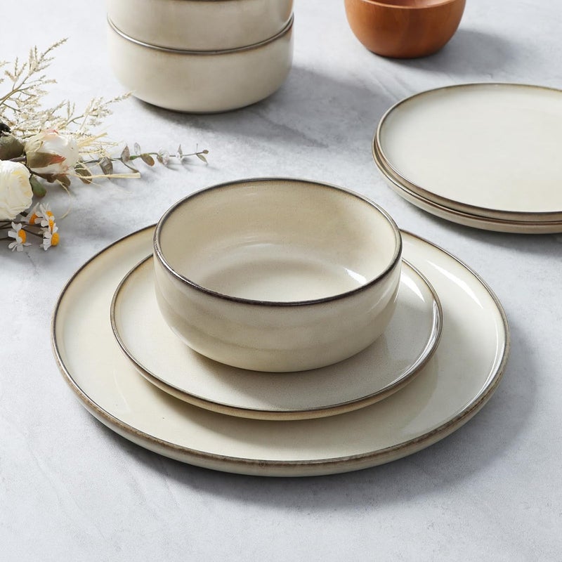 E-far طقم أطباق وأوعية إيفار 12 قطعة من الخزف لوجبات العشاء لـ 4 أشخاص بتزجيج تفاعلي آمن في الميكروويف وغسالة الصحون بلون بيج رملي - Image 3