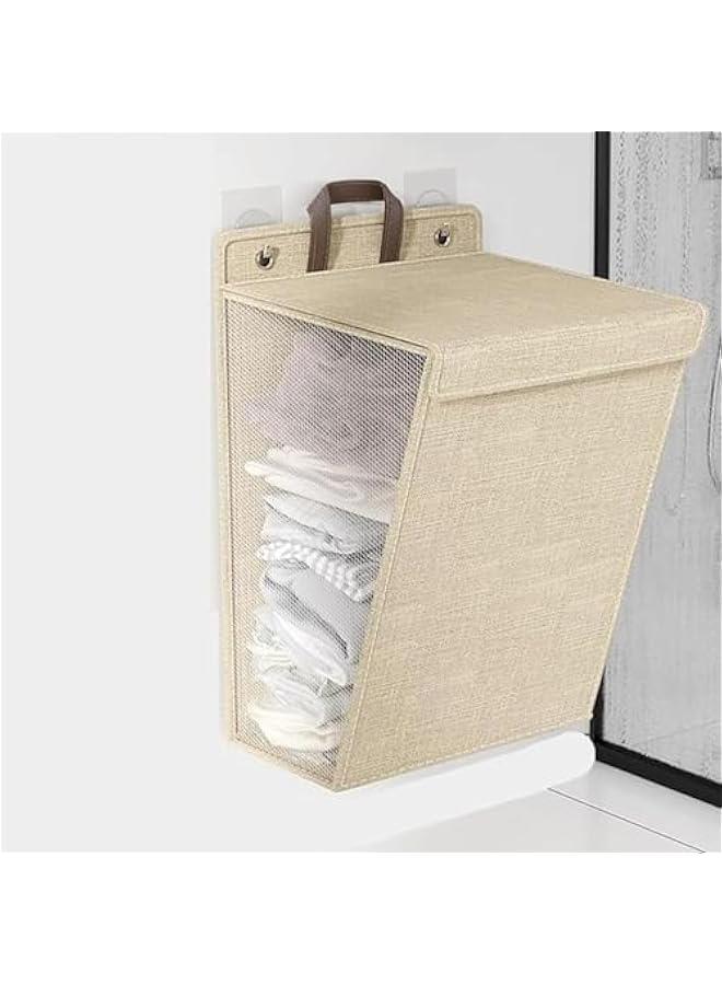 هوكور سلة غسيل قابلة للطي تثبت على الحائط من بايبي، سلة ملابس متسخة قابلة للطي مع غطاء ومقبض، سلة غسيل رفيعة معلقة، سلة غسيل كبيرة (بيج) - Image 1