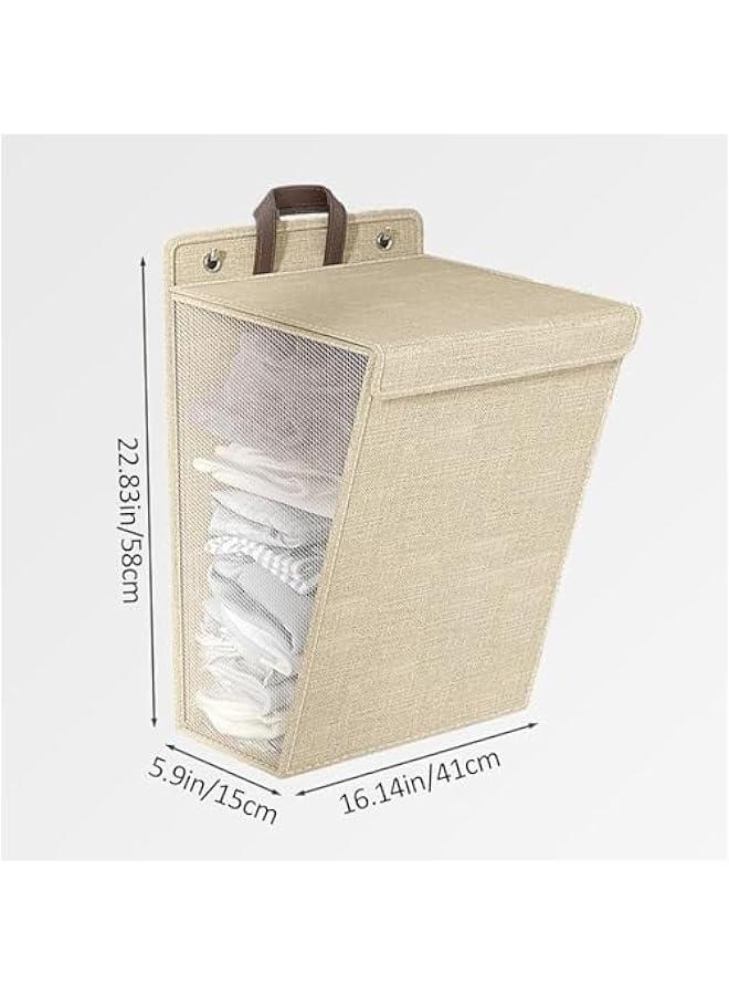 هوكور سلة غسيل قابلة للطي تثبت على الحائط من بايبي، سلة ملابس متسخة قابلة للطي مع غطاء ومقبض، سلة غسيل رفيعة معلقة، سلة غسيل كبيرة (بيج) - Image 2