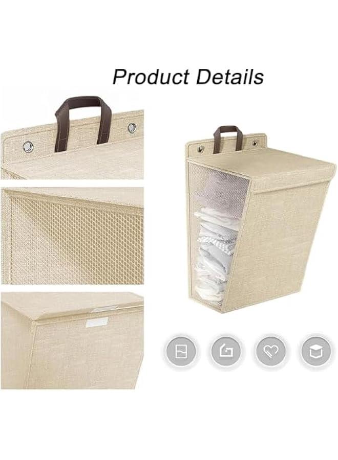 هوكور سلة غسيل قابلة للطي تثبت على الحائط من بايبي، سلة ملابس متسخة قابلة للطي مع غطاء ومقبض، سلة غسيل رفيعة معلقة، سلة غسيل كبيرة (بيج) - Image 4