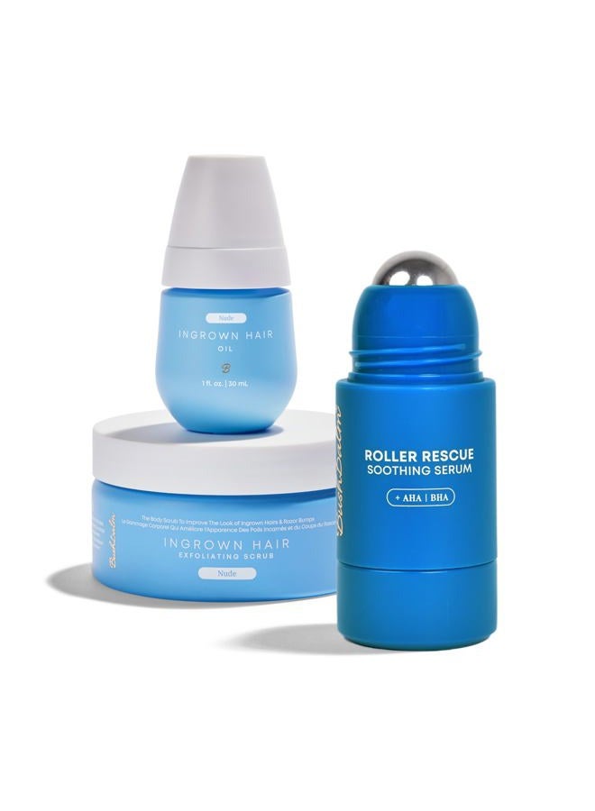 Bushbalm روتين الشعر الناشئ - مجموعة إنقاذ الرولر، زيت نود و مقشر نود - AHA & BHA - مقشر، مهدئ، مبرّد للمناطق الحساسة، تحت الإبطين - يساعد في تقليل نتوءات الحلاقة، مجموعة نهائية (ثلاثية)  - Image 1