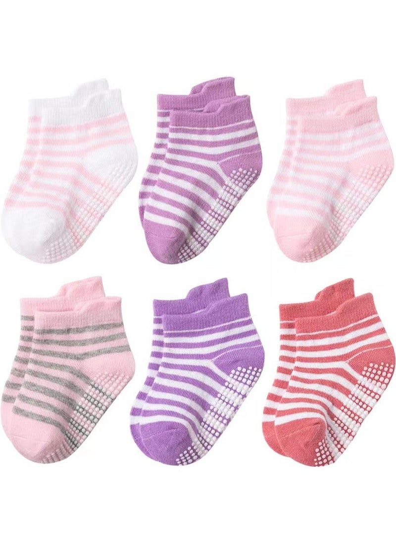 6 Pairs Of Cotton Toddler Non-Slip Cotton Socks - Anti-Skid Baby Crew Ankle Socks for Boys & Girls, Soft & Breathable, Multicolor (0-5 Years) - Image 1