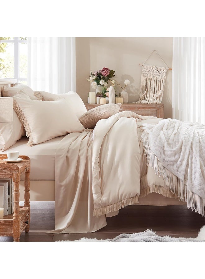 Anluoer Queen Comforter Set 7 Piece with Sheets-Beige Boho Bed in a Bag with Tassel-Lightweight Soft Fringe Bedding Sets - Image 5