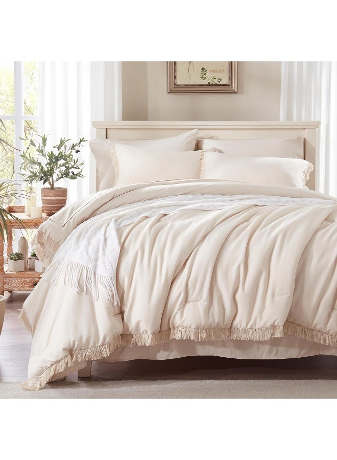 Anluoer Queen Comforter Set 7 Piece with Sheets-Beige Boho Bed in a Bag with Tassel-Lightweight Soft Fringe Bedding Sets - Image 1