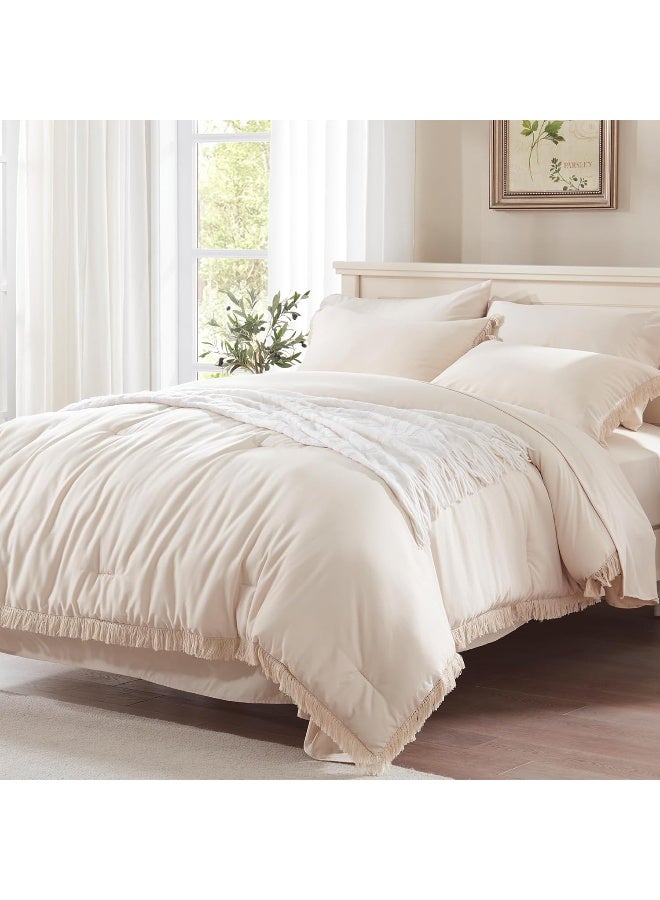Anluoer Queen Comforter Set 7 Piece with Sheets-Beige Boho Bed in a Bag with Tassel-Lightweight Soft Fringe Bedding Sets - Image 2