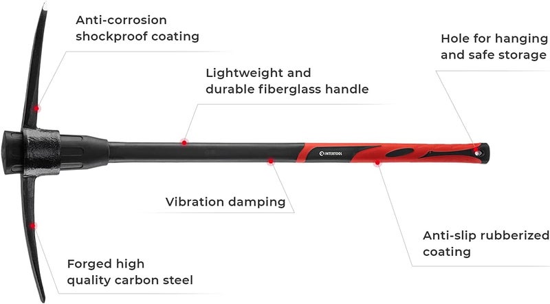 INTERTOOL Pick Axe for Digging - 36” Heavy Duty Garden Mattock Pickaxe - Rust Resistant Steel with Adze Hoe & Shock Absorbing Fiberglass Anti-Slip Handle - Cultivate, Loosen Soil, Dig - HT08-0305 - Image 2
