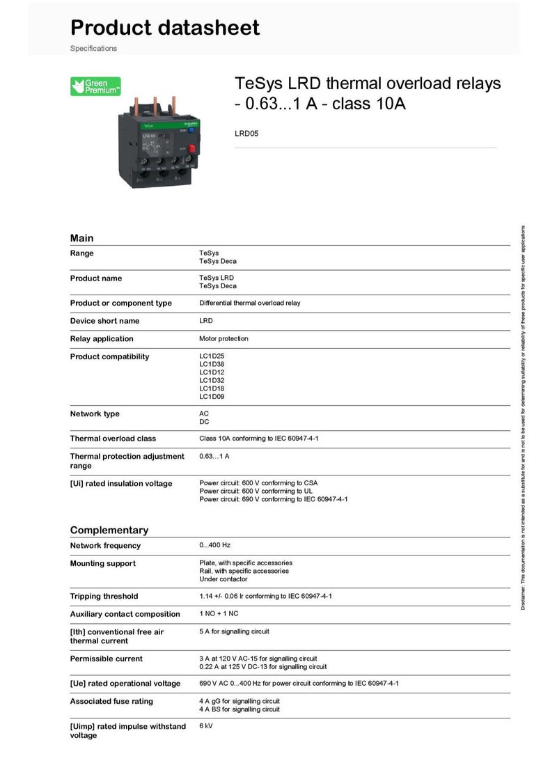 Schneider Electric - Schneider Breaker TeSys_ TeSys LRD thermal overload relays - 0.63...1 A - class 10A_ [LRD05] - Image 1