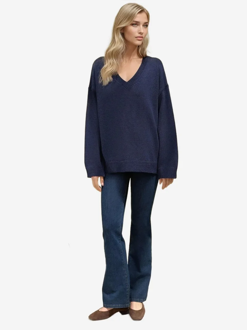 زوبعة كنزة صوفية سميكة بياقة على شكل حرف