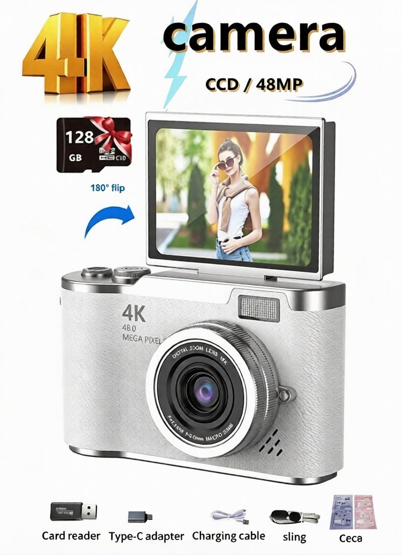 4k CCD Digital Zoom Student Digital Camera 48MP Portable Digital Photography Camera 180° Flip Screen Selfie Camera，with 128GB SD card - Image 1